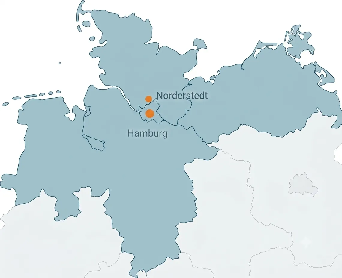 Karte von Norddeutschland mit markierten Einsatzgebieten Norderstedt und Hamburg